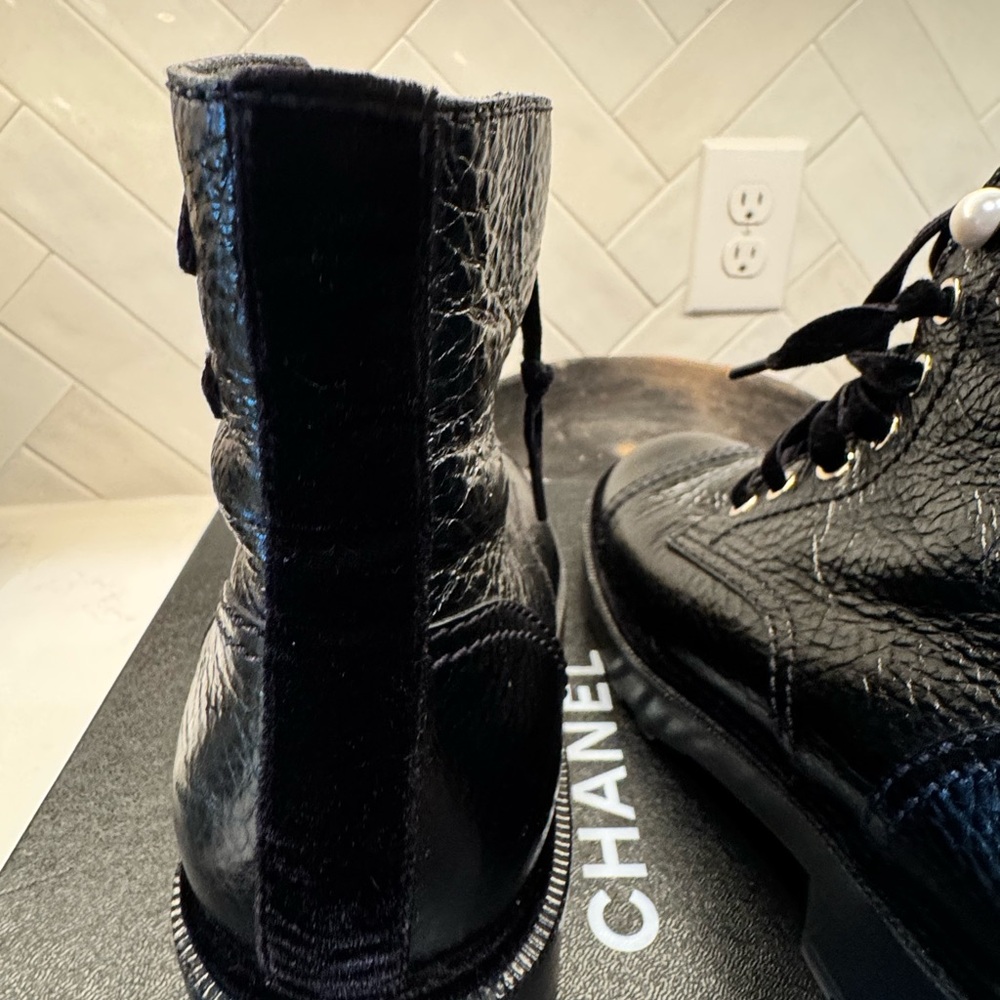 CHANEL Textured Black Lace-Up Boots-Vintage